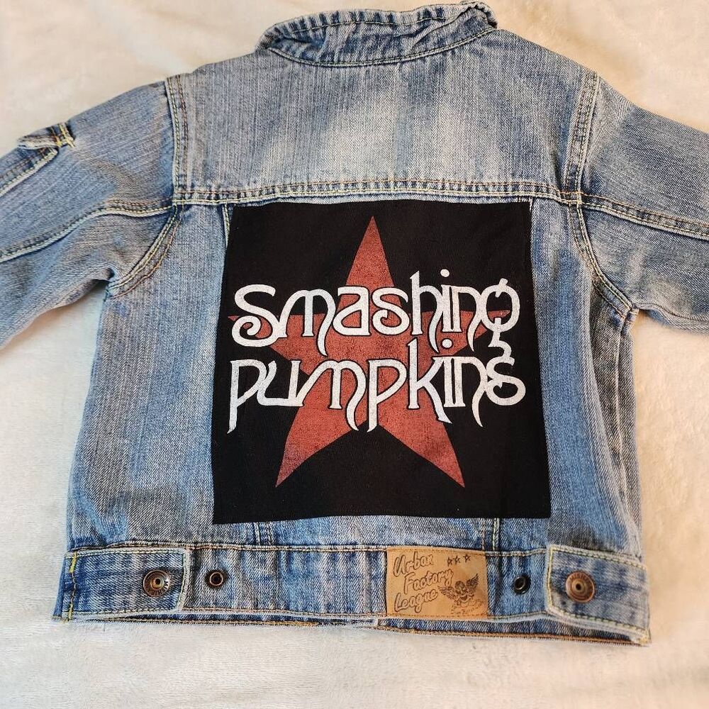 Mish Boys Smashing Pumpkins  Upcycled Distressed Denim Jacket Size 4